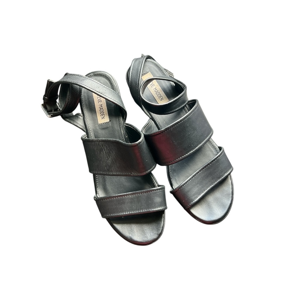 Steve Madden | Black Strappy Leather Platform Wedge Sandals Snorkell Size 9.5